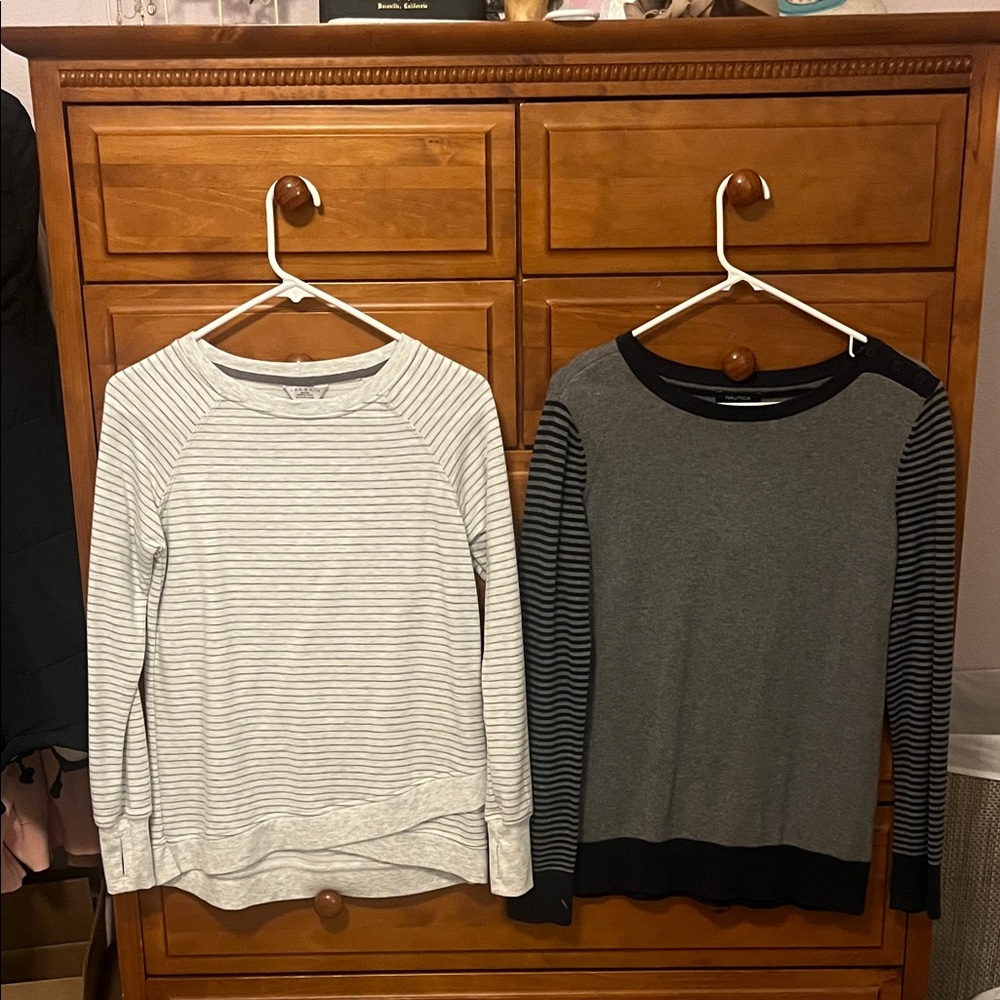 Nautica and Danskin Women's Striped Crew Neck Sweaters - Gray and White
